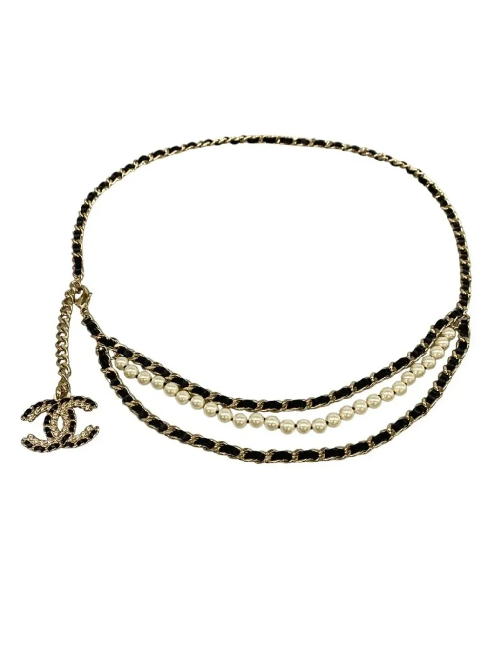 Chanel Belt Ivory Black Gold CC Logo Chain Leather